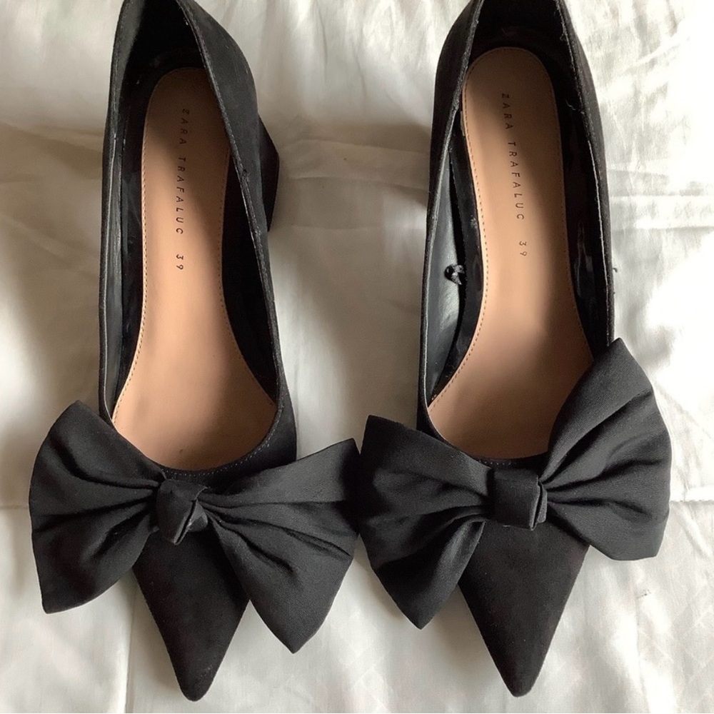 Zara Black Pointed Bow Pump - Women